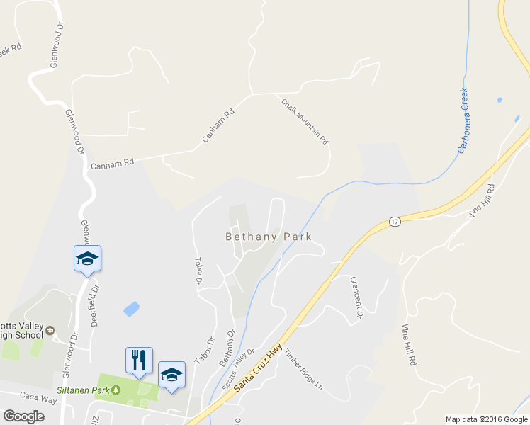 map of restaurants, bars, coffee shops, grocery stores, and more near 935 Bethany Drive in Scotts Valley
