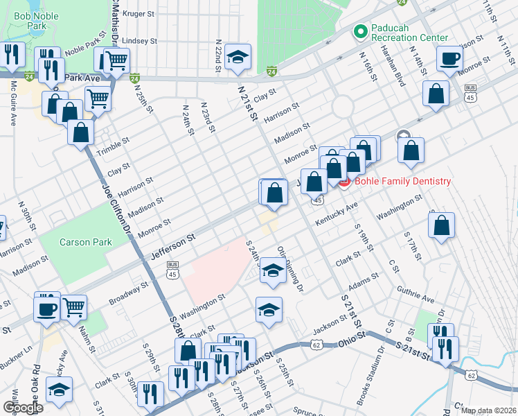 map of restaurants, bars, coffee shops, grocery stores, and more near 2220 Jefferson Street in Paducah