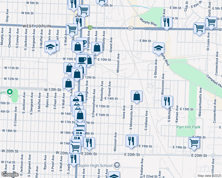 map of restaurants, bars, coffee shops, grocery stores, and more near 1305 Grand Avenue in Joplin