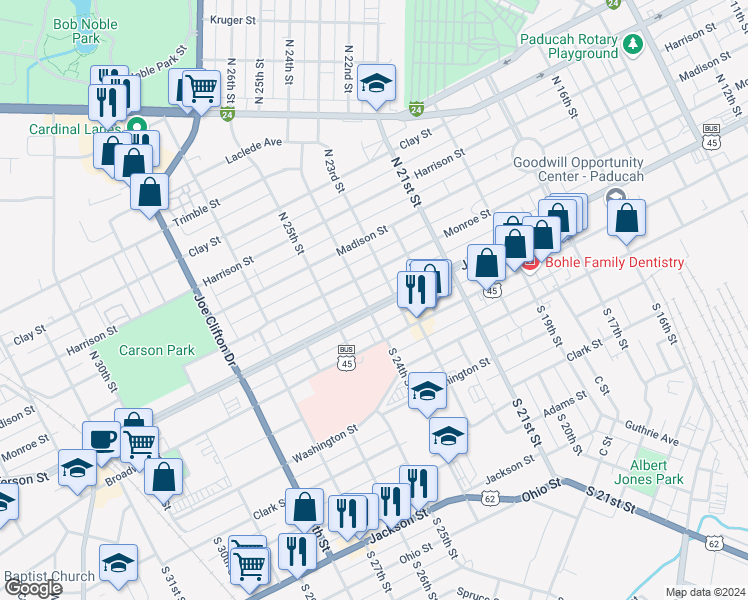 map of restaurants, bars, coffee shops, grocery stores, and more near 2339 Jefferson Street in Paducah