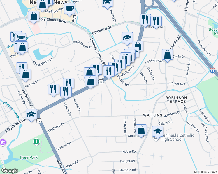 map of restaurants, bars, coffee shops, grocery stores, and more near 230 Pine Grove Road in Newport News