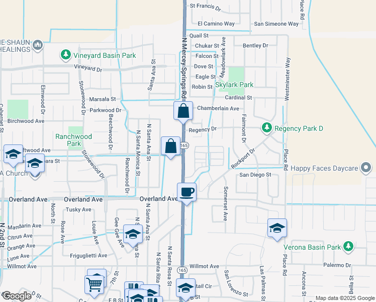 map of restaurants, bars, coffee shops, grocery stores, and more near 520 North Mercey Springs Road in Los Banos