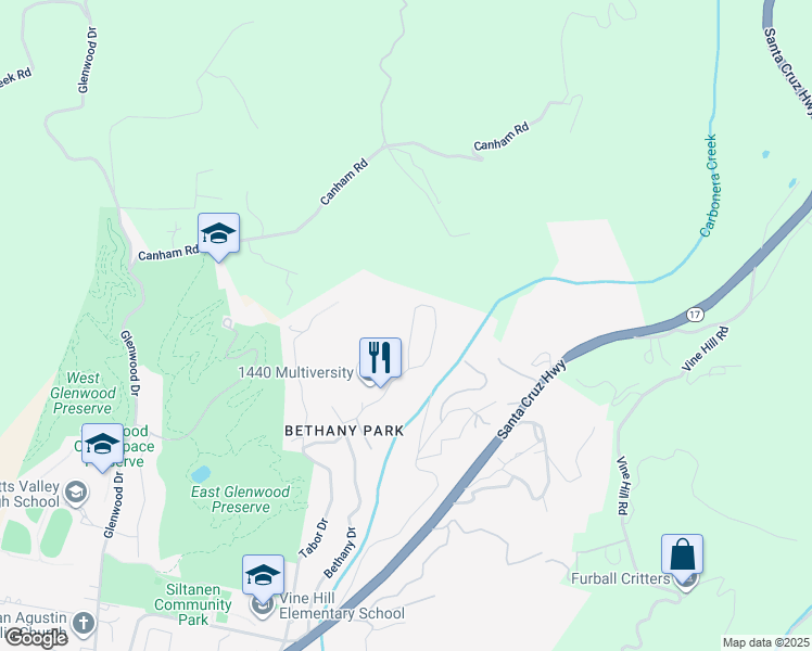 map of restaurants, bars, coffee shops, grocery stores, and more near 935 Bethany Drive in Scotts Valley