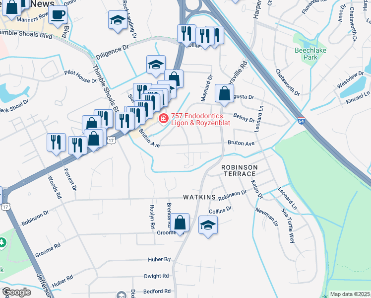 map of restaurants, bars, coffee shops, grocery stores, and more near 42 Bruton Avenue in Newport News