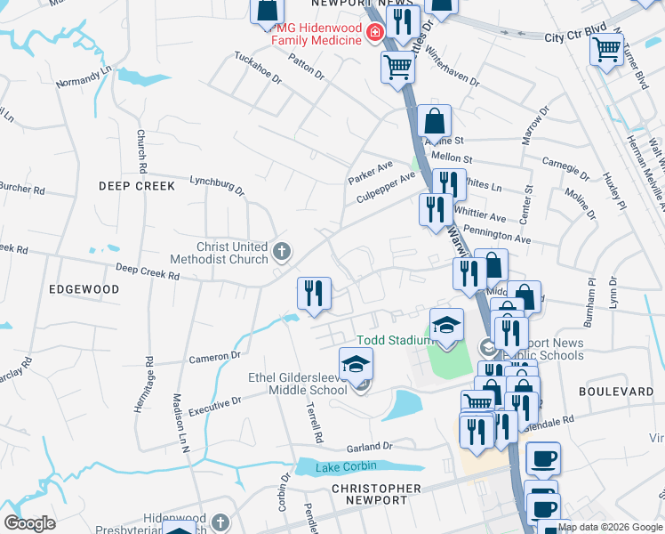 map of restaurants, bars, coffee shops, grocery stores, and more near 142 Kenilworth Drive in Newport News