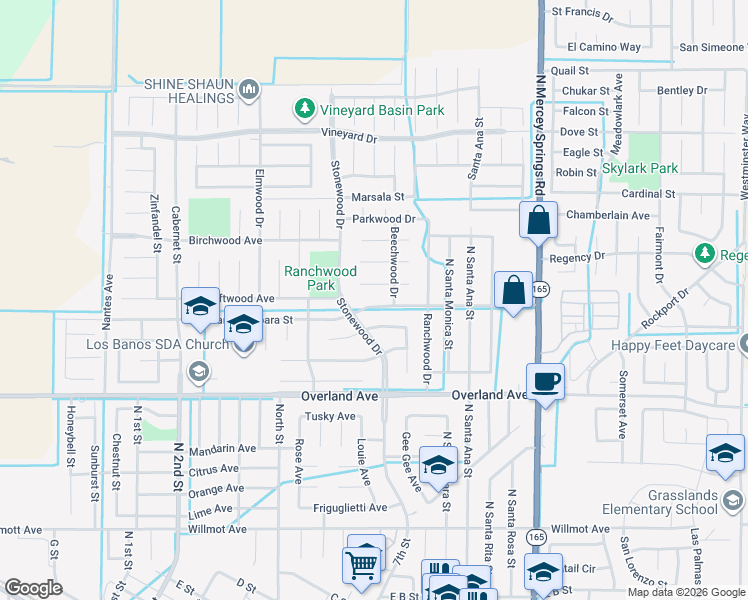 map of restaurants, bars, coffee shops, grocery stores, and more near 1030 Santa Barbara Street in Los Banos