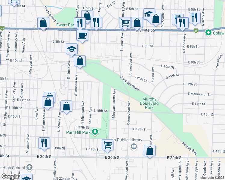 map of restaurants, bars, coffee shops, grocery stores, and more near 1304 Massachusetts Avenue in Joplin