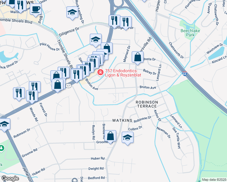 map of restaurants, bars, coffee shops, grocery stores, and more near 42 Bruton Avenue in Newport News
