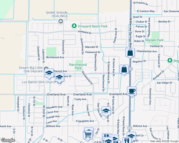 map of restaurants, bars, coffee shops, grocery stores, and more near 1014 Santa Barbara Street in Los Banos