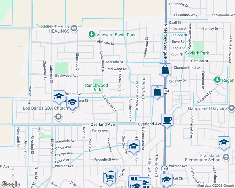 map of restaurants, bars, coffee shops, grocery stores, and more near 1030 Santa Barbara Street in Los Banos