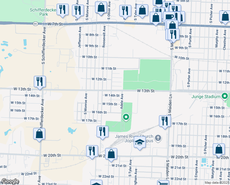 map of restaurants, bars, coffee shops, grocery stores, and more near 1914 West Junge Boulevard in Joplin