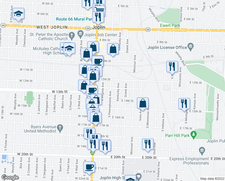 map of restaurants, bars, coffee shops, grocery stores, and more near 1305 South Pennsylvania Avenue in Joplin