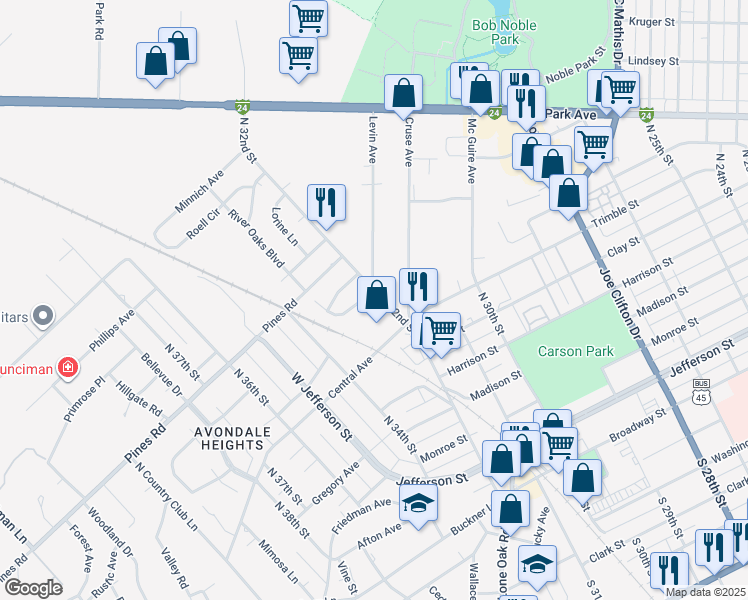 map of restaurants, bars, coffee shops, grocery stores, and more near 3202 River Oaks Boulevard in Paducah