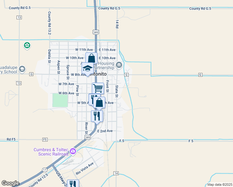 map of restaurants, bars, coffee shops, grocery stores, and more near State Street in Antonito