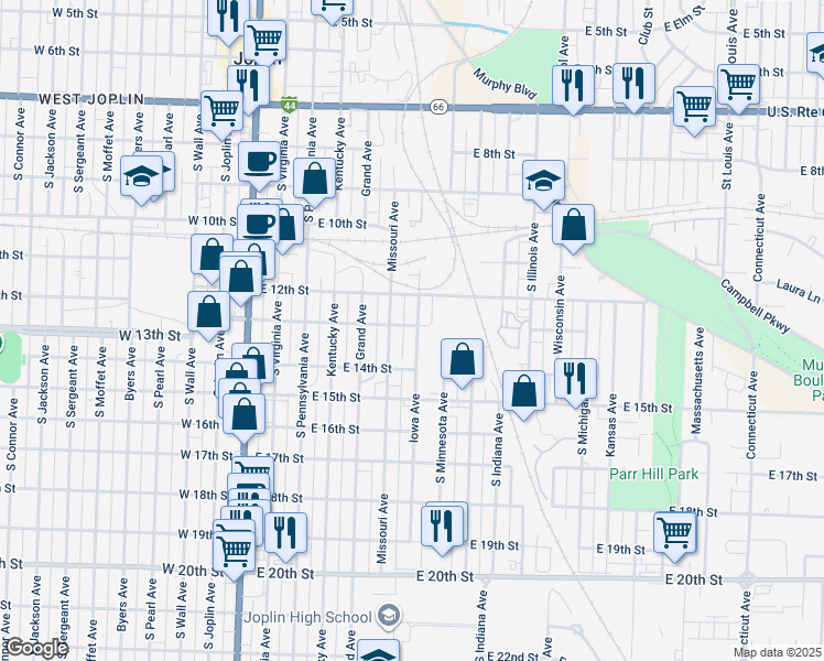 map of restaurants, bars, coffee shops, grocery stores, and more near 1304 Iowa Avenue in Joplin