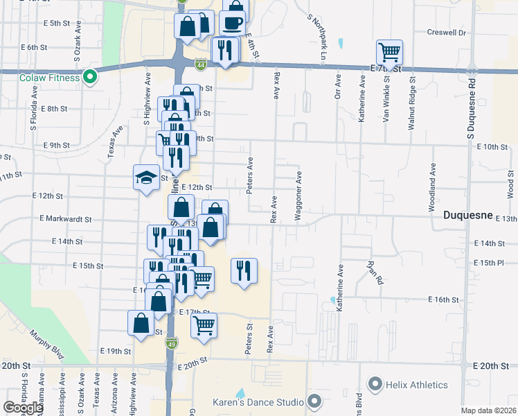 map of restaurants, bars, coffee shops, grocery stores, and more near 1282-1298 Peters Avenue in Joplin