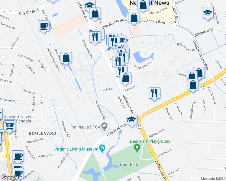 map of restaurants, bars, coffee shops, grocery stores, and more near 55 Tucker Lane in Newport News