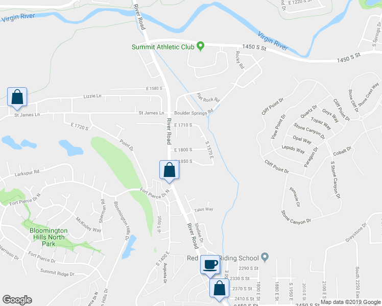 map of restaurants, bars, coffee shops, grocery stores, and more near 1484 East 1800 South in Saint George