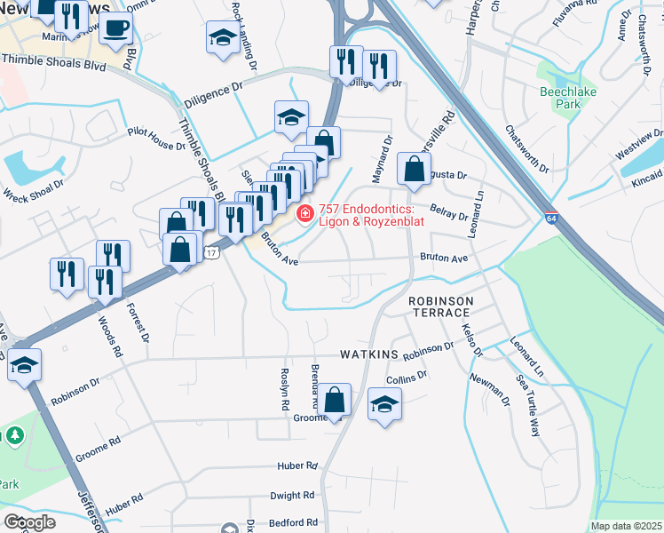 map of restaurants, bars, coffee shops, grocery stores, and more near 42 Bruton Avenue in Newport News