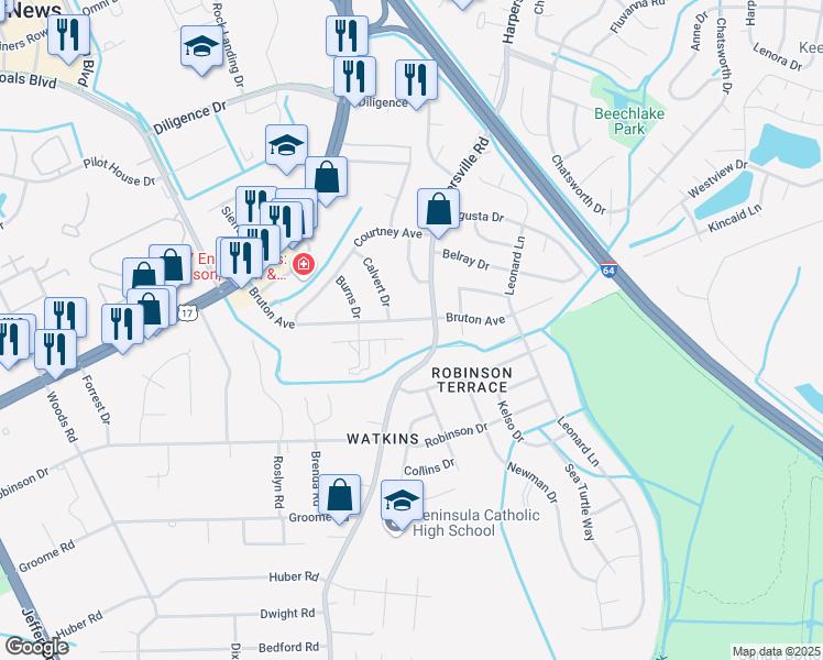 map of restaurants, bars, coffee shops, grocery stores, and more near 60 Bruton Avenue in Newport News