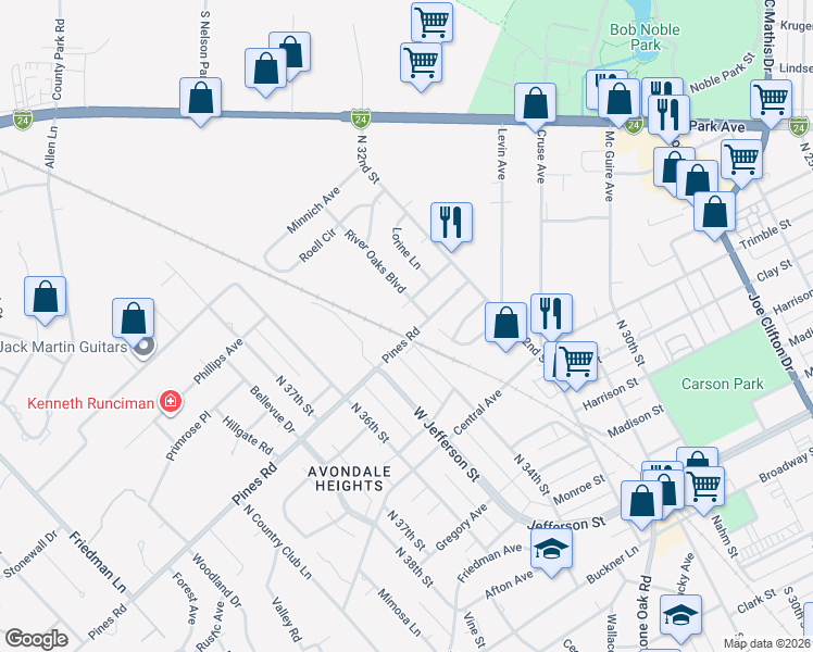 map of restaurants, bars, coffee shops, grocery stores, and more near 3427-3443 Pines Road in Paducah