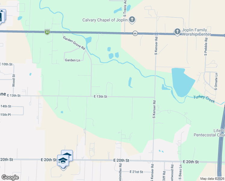 map of restaurants, bars, coffee shops, grocery stores, and more near 1200-1398 South Brynewood Lane in Joplin