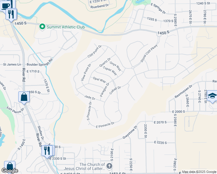 map of restaurants, bars, coffee shops, grocery stores, and more near 1815 Paragon Drive in St. George