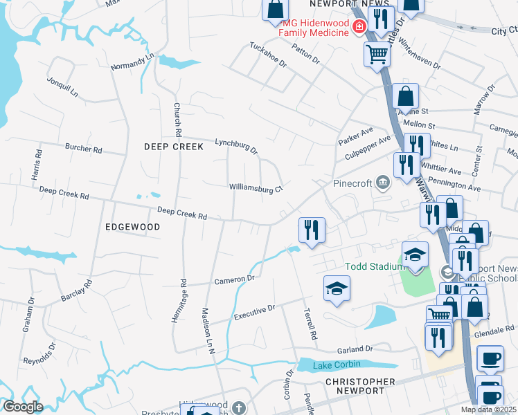 map of restaurants, bars, coffee shops, grocery stores, and more near 366 Lynchburg Dr in Newport News
