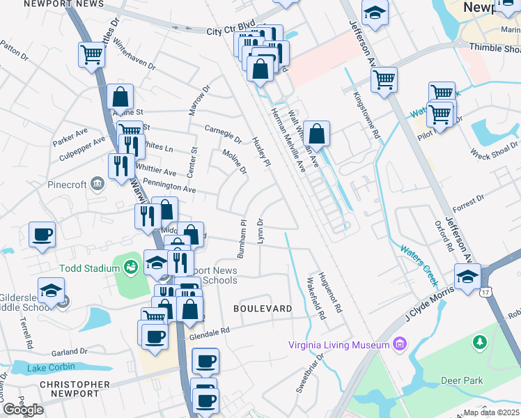 map of restaurants, bars, coffee shops, grocery stores, and more near 115 Lynn Drive in Newport News