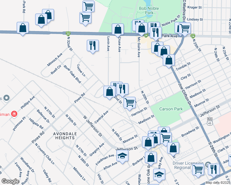 map of restaurants, bars, coffee shops, grocery stores, and more near 601-715 Cruse Ave in Paducah
