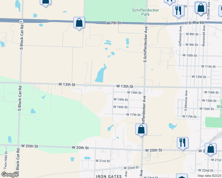 map of restaurants, bars, coffee shops, grocery stores, and more near 1322 South Cleveland Avenue in Joplin