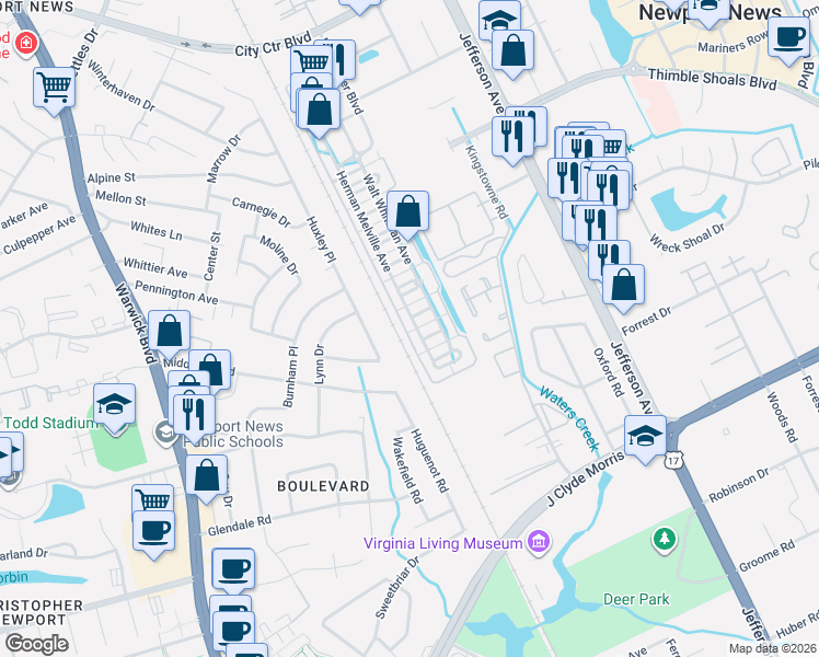 map of restaurants, bars, coffee shops, grocery stores, and more near 337 Herman Melville Ave in Newport News