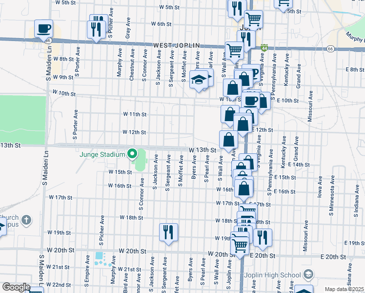 map of restaurants, bars, coffee shops, grocery stores, and more near 521 Junge Boulevard in Joplin