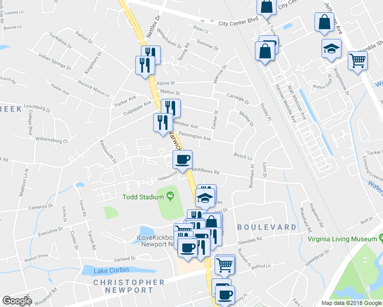 map of restaurants, bars, coffee shops, grocery stores, and more near 12512 Warwick Blvd in Newport News