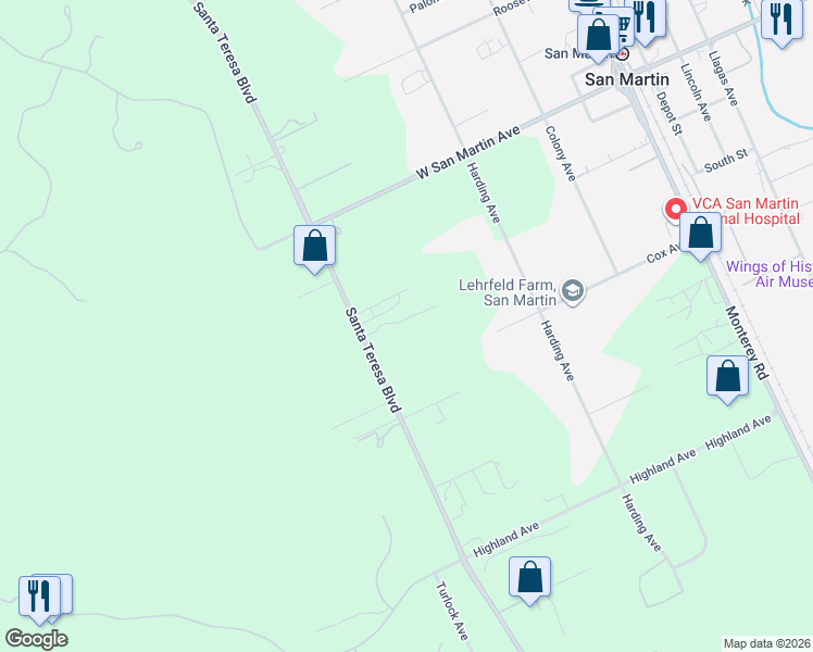 map of restaurants, bars, coffee shops, grocery stores, and more near 12950 Santa Teresa Boulevard in San Martin