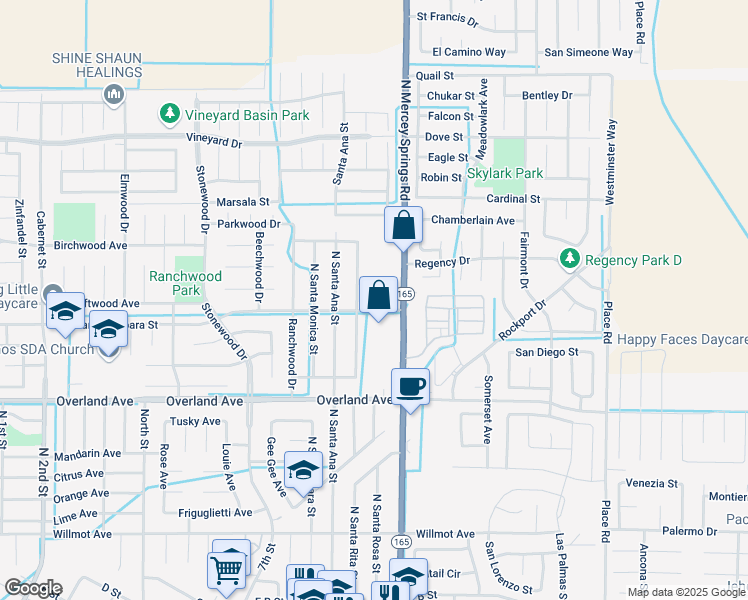 map of restaurants, bars, coffee shops, grocery stores, and more near 1248 Santa Barbara Drive in Los Banos