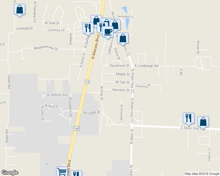 map of restaurants, bars, coffee shops, grocery stores, and more near 205 Herndon Street in Nixa