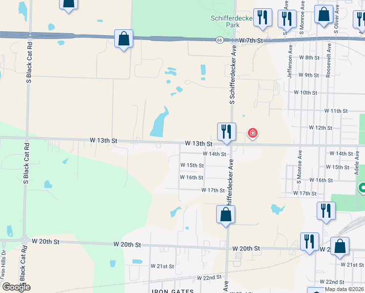 map of restaurants, bars, coffee shops, grocery stores, and more near 1322 South Cleveland Avenue in Joplin