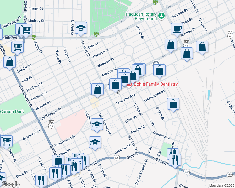 map of restaurants, bars, coffee shops, grocery stores, and more near 2000 Broadway Street in Paducah