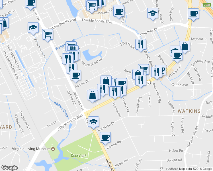 map of restaurants, bars, coffee shops, grocery stores, and more near 820 Woods Road in Newport News