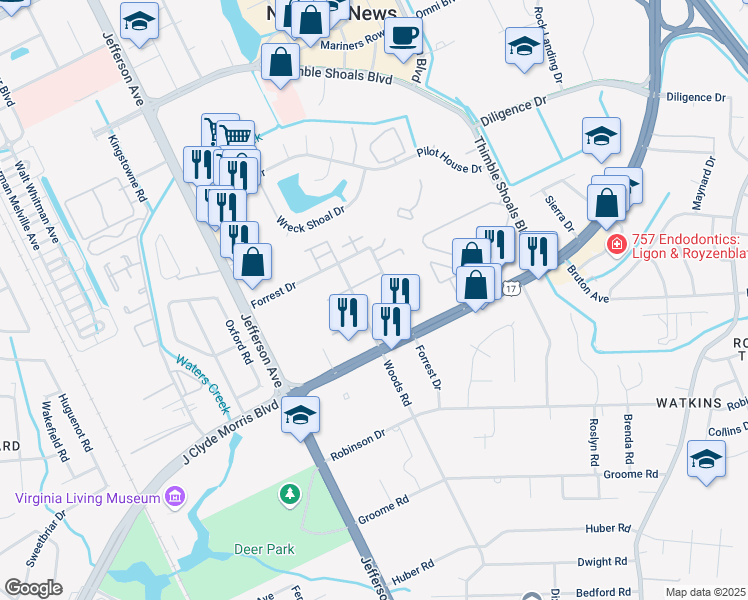 map of restaurants, bars, coffee shops, grocery stores, and more near 820 Woods Road in Newport News