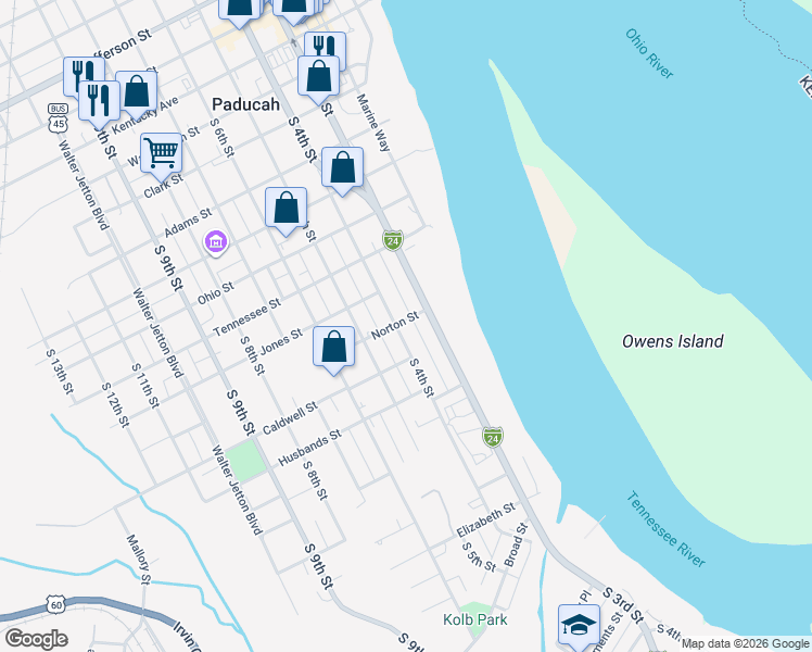 map of restaurants, bars, coffee shops, grocery stores, and more near 1012 South 4th Street in Paducah