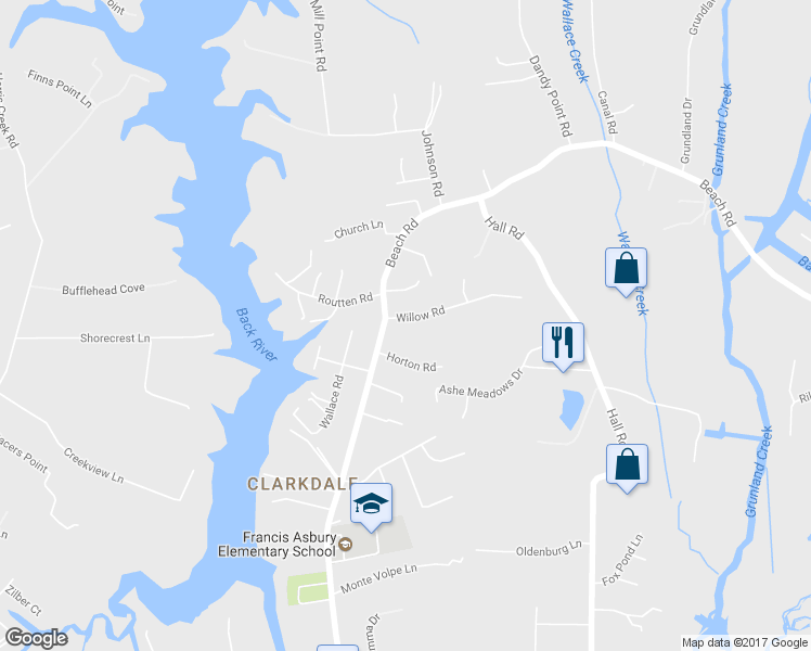 map of restaurants, bars, coffee shops, grocery stores, and more near 6 Willow Road in Hampton