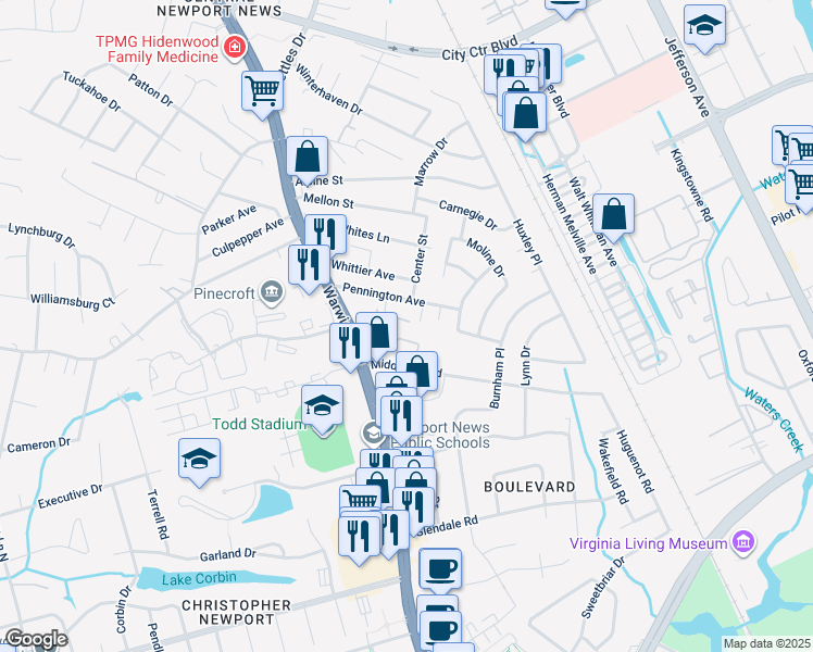 map of restaurants, bars, coffee shops, grocery stores, and more near 6 Penn Circle in Newport News