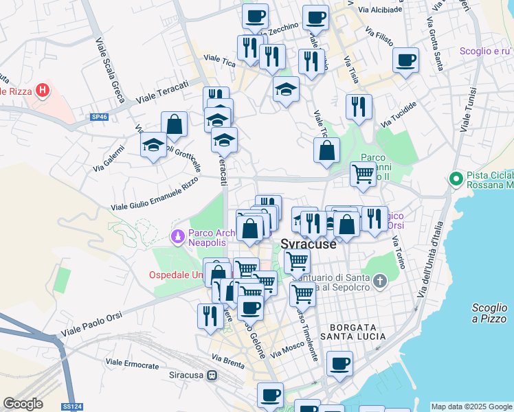 map of restaurants, bars, coffee shops, grocery stores, and more near 47 Via San Sebastiano in Siracusa