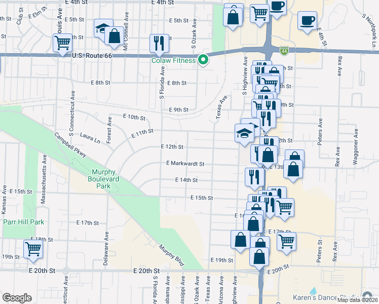 map of restaurants, bars, coffee shops, grocery stores, and more near 2709 East 13th Street in Joplin
