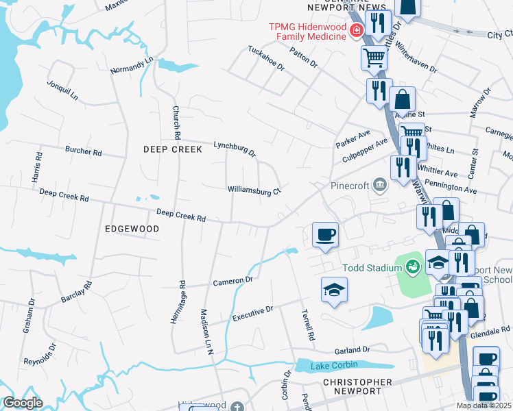 map of restaurants, bars, coffee shops, grocery stores, and more near 366 Lynchburg Drive in Newport News