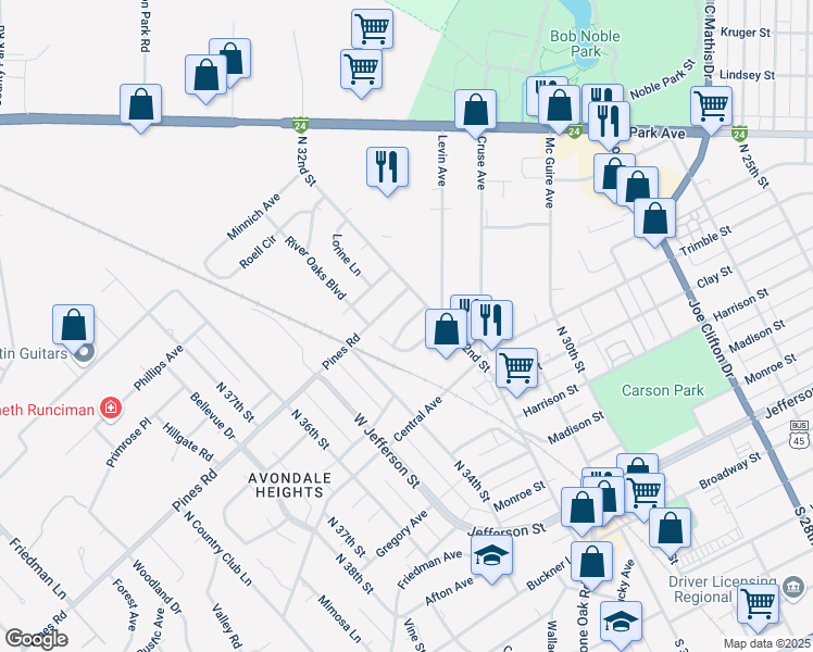 map of restaurants, bars, coffee shops, grocery stores, and more near 3242 Jack Gray Drive in Paducah