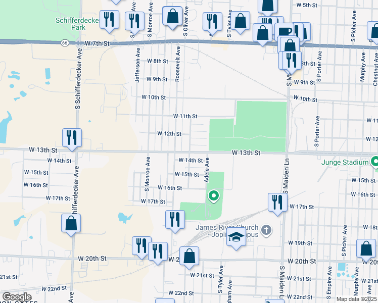 map of restaurants, bars, coffee shops, grocery stores, and more near 1914 W Junge Blvd in Joplin