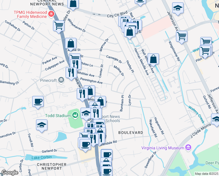 map of restaurants, bars, coffee shops, grocery stores, and more near 21 Bosch Lane in Newport News